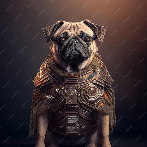 Pug dog in cyberpunk futuristic robotic metal ancient rustic armour