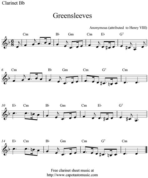 Easy Sheet Music For Beginners: Greensleeves, free clarinet sheet music ...