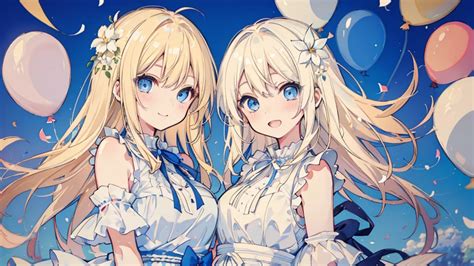 Face 2 Girls Blonde Hair Blue Eyes White Sundress Kawaii Seaart Ai