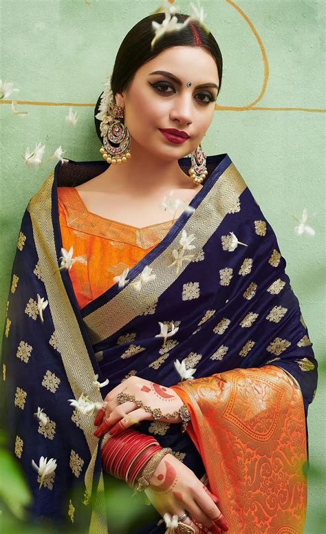 Buy Blue Orange Colored Designer Festive Wear Banarasi Silk Saree