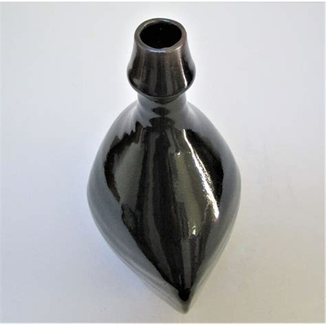 Vintage Les Cyclades Anduze Black Glazed Stoneware Bottle Vase By