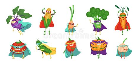 Funny Superhero Vegetable Cartoon Character Set Flat Vector Isolated