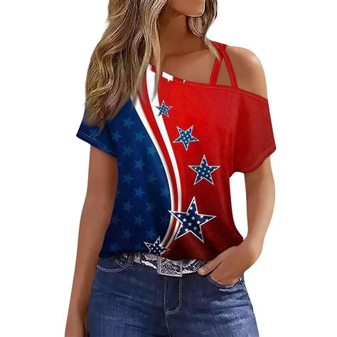 Knosfe American Flag Shirts For Women Summer One Shoulder 4th Of July Short Sleeve Tops Casual