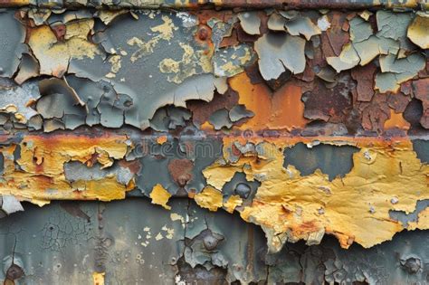 Detailed View Of Corroded Metal With Peeling Paint And Exposed Layer