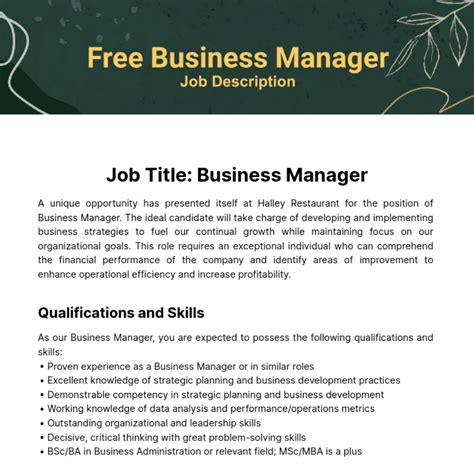 Free Business Manager Job Description Template - Edit Online & Download ...