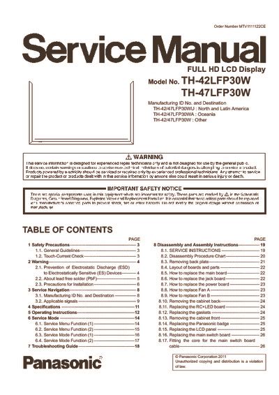 Panasonic Th 42lfp30w Lcd Service Manual Repair Schematics