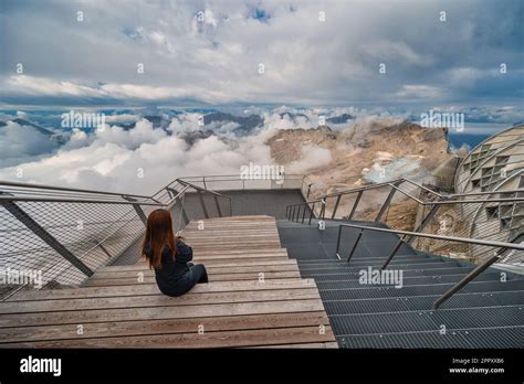 Alps Mountain Range View From Zugspitze Peak Top Of Germany With Woman