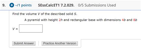 Solved Find the volume V of the described solid S. A pyramid | Chegg.com 