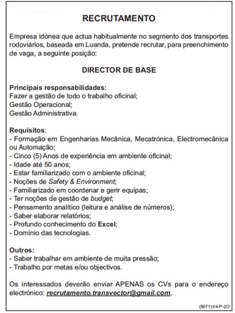 VAGA PARA DIRECTOR DE BASE Empregos Yoyota Angola