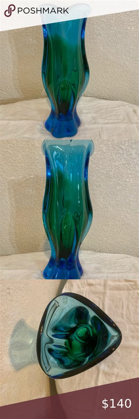 Bohemia Czech Republic Glass Vase Twisted Base Green Blue Flared Vintage Blue Green Vase