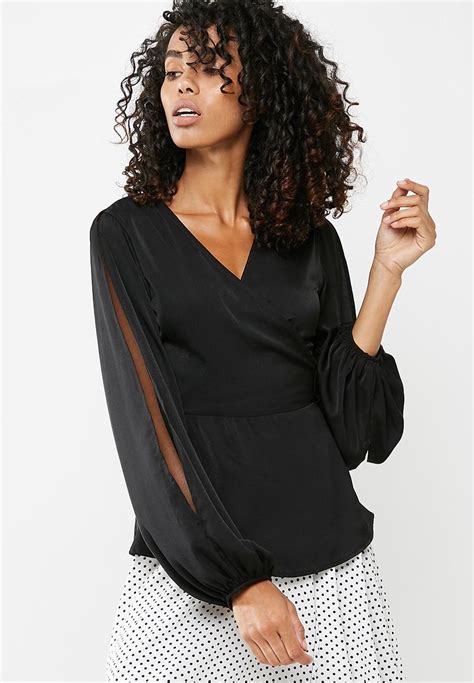 Wrap Blouse With Cold Shoulder Black Dailyfriday Blouses