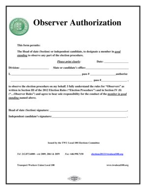 Fillable Online Twulocal100 Observer Authorization Form TWU Local 100