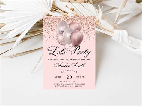 Editable Rose Gold Birthday Invitation Let S Party Rose Gold Balloons