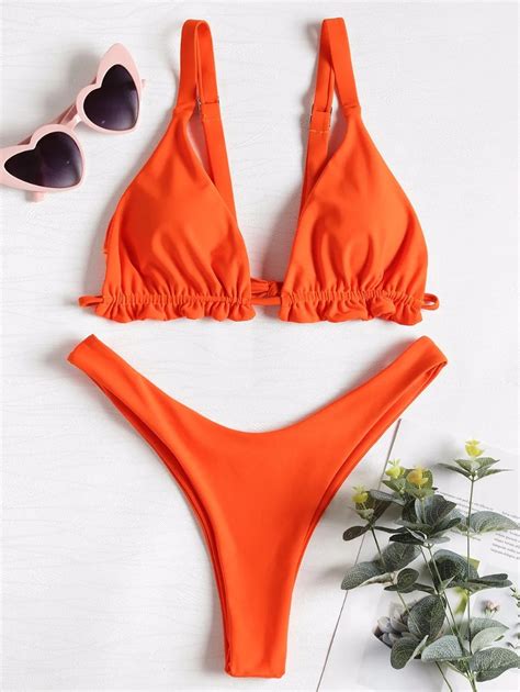 High Cut Leg Frilled Two Pieces Bikini Set Swimsuit Female