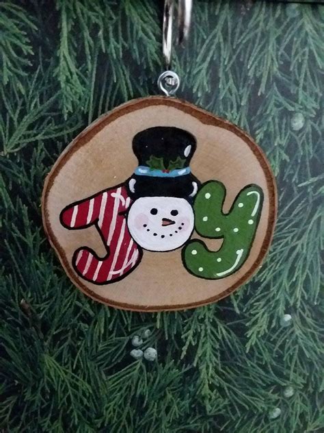 Joy Snowman Wood Slice Ornament Etsy Canada Wood Christmas