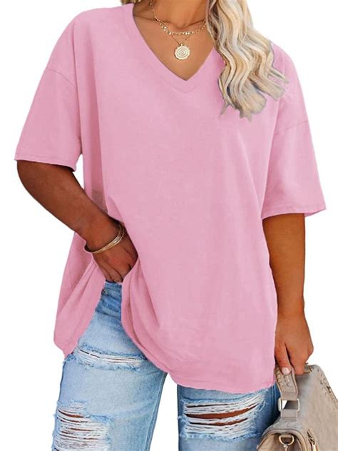 Langwyqu Solid Color V Neck Women Plus Size Casual Tee Shirt Loose Fit