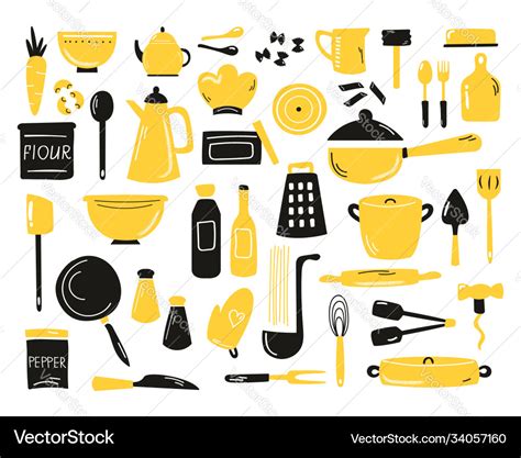 Set Hand Drawn Kitchen Utensils Equipment Vector Image