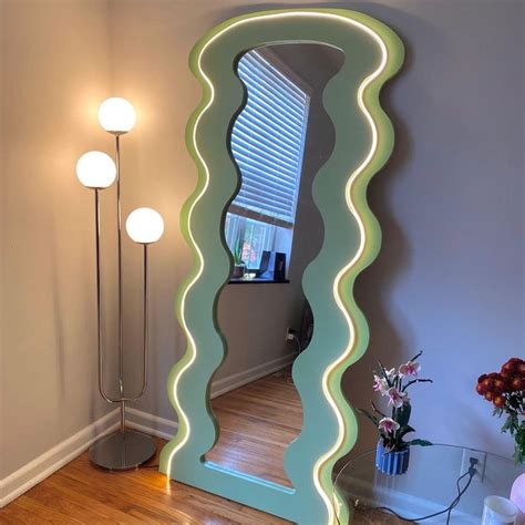 Floor Length Wavy Mirror With Led Light Strip In The Color Green