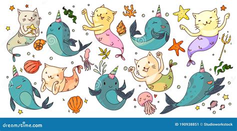 Mermaid Cats And Unicorn Narwhals Stock Illustration Illustration Of