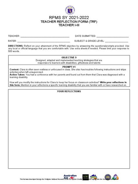 Teacher Reflection Form For T I Iii For Rpms Sy 2021 2022 1 Pdf