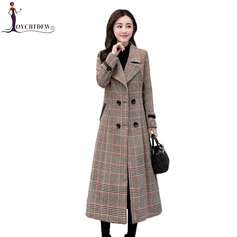 2018 Autumn Plaid Woolen Coats Female Double Breasted High Waist Lapel