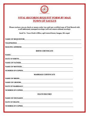 Fillable Online Saugus Ma Vital Records Request Form By Mail Town Of