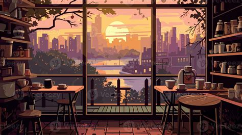 Coffee Shop With Large Windows Looking Out Into The Groove Lofi World