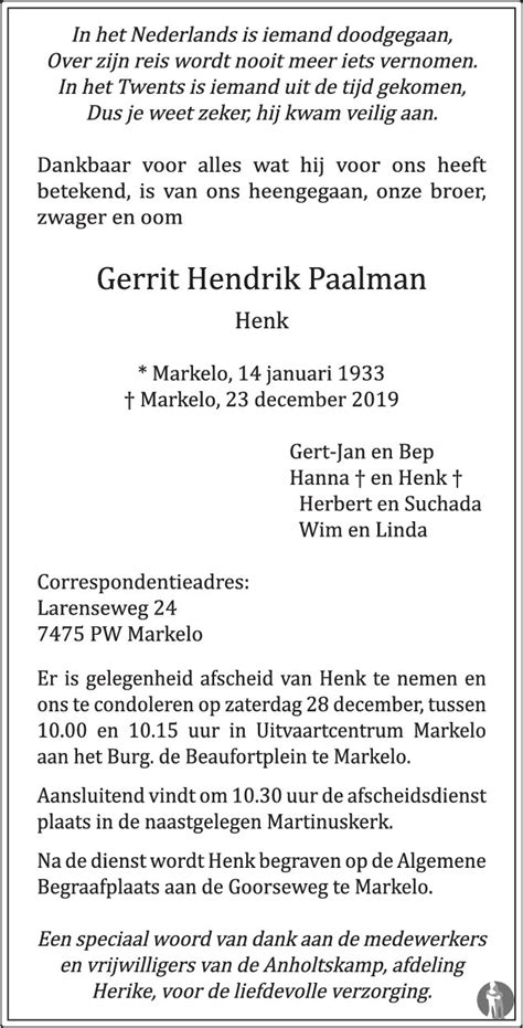 Gerrit Hendrik Henk Paalman 23 12 2019 Overlijdensbericht En