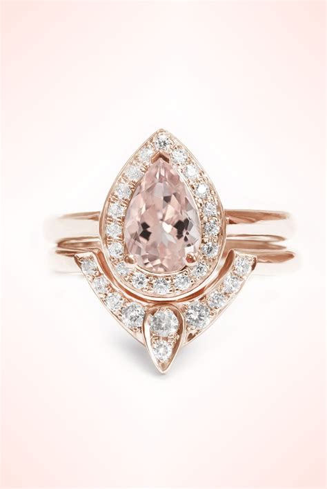 Pear Shaped Morganite Engagement Ring And Diamond Wedding Rose Gold Set