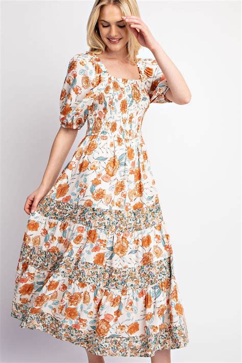 Floral Print Mixed And Smocked Bodice Midi Dress