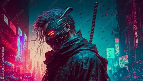 Shadow Warrior Cyberpunk Ninja Generative AI Stock Illustration