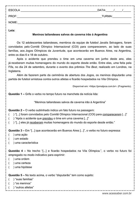 Atividade Modos Verbais 6 Ano RETOEDU