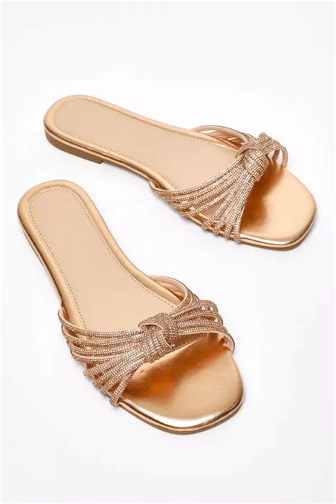 Gold Strappy Knot Diamante Flat Sandals Quiz Clothing