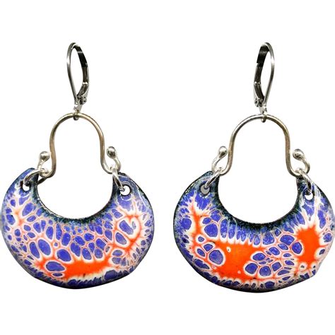 Blue And Orange Enamel Earrings Orange Enamel Enamel Earrings