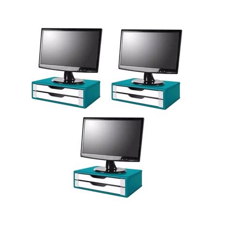 Conj 3 Suportes Para Monitor Em Mdf Azul 2 Gavetas Brancas