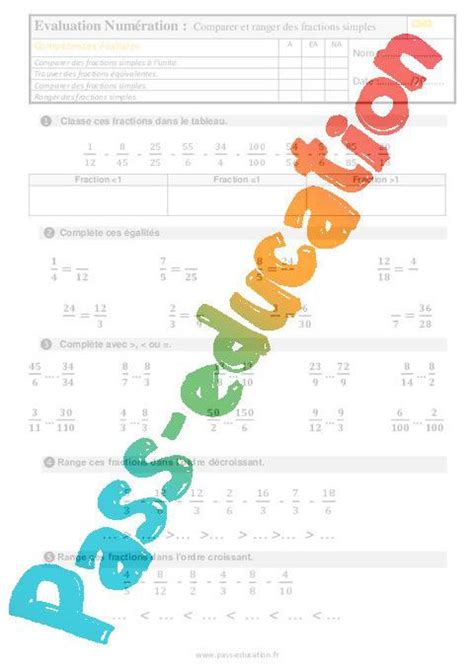 Comparer Et Ranger Des Fractions Simples Au Cm Evaluation Avec La