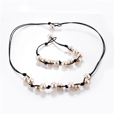 White Freshwater Pearls On Double Strands Leather Cord Necklace Matching Bracelet Leather