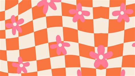 An Orange And White Checkered Background With Pink Flowers