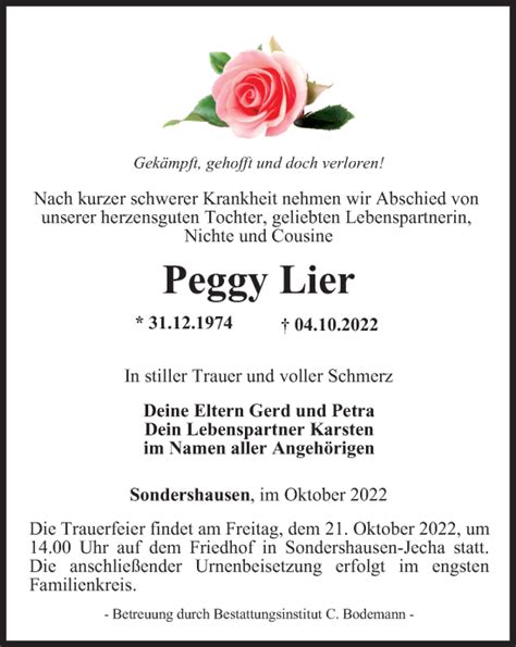 Traueranzeigen Von Peggy Lier Trauer In Thueringen De