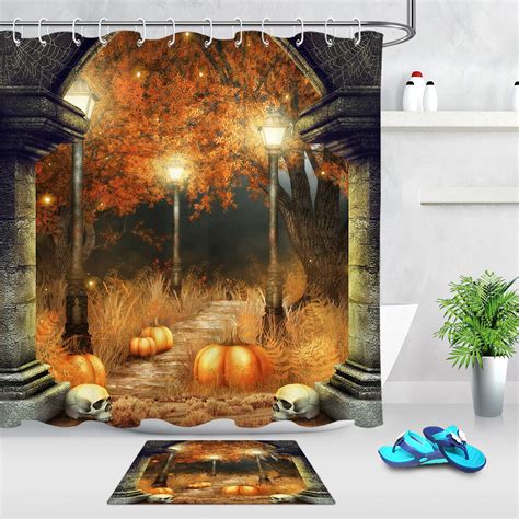 Spooky Autumn Garden Halloween Shower Curtain Set With Pumpkin Skull