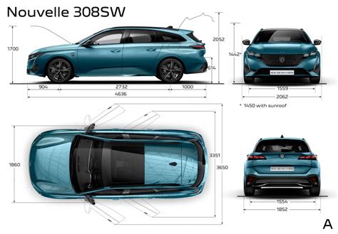 Photo principales dimensions extérieures mm Peugeot 308 SW III break