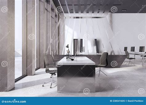 Contemporary Concrete Office Interior With Panoramic Window With City