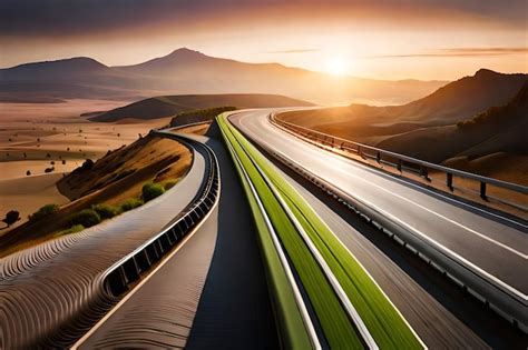 Premium AI Image | A highway with a sunset in the background