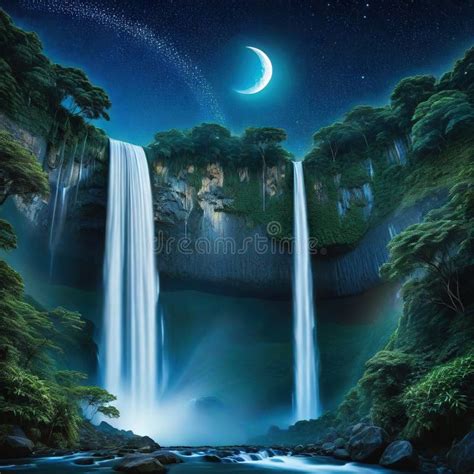 Majestosa Cascata Com Céu Noturno Estrelado E Lua Crescente Na ...