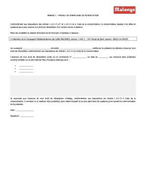 Fillable Online ANNEXE 1 MODELE DE FORMULAIRE DE RETRACTATION Fax Email