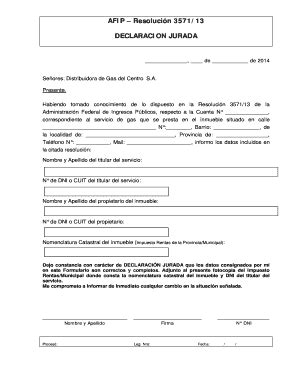 Fillable Online AFIP Resoluci N 3571 13 DECLARACION JURADA Ecogas Fax