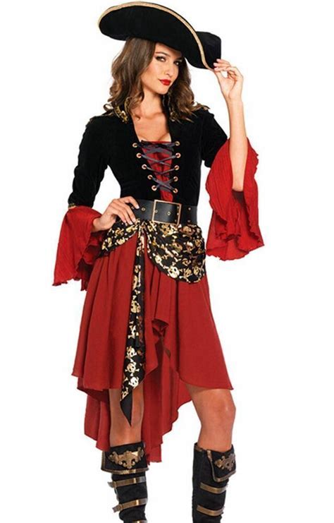 Damen Cosplay Pirat Piratin Kleid Kost M Rot Karneval Hut Paket