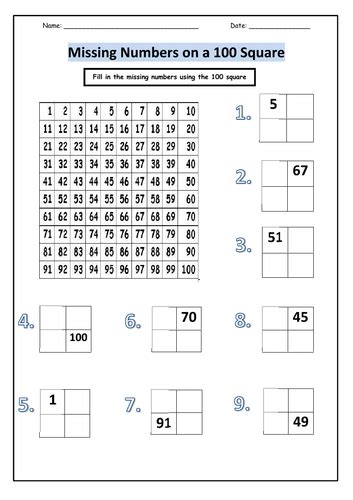 100 Square Missing Numbers Teaching Resources