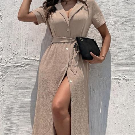 Womens Tan And Cream Dress Depop