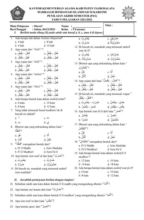 Soal Penilaian Akhir Semester Shorof Kantor Kementerian Agama